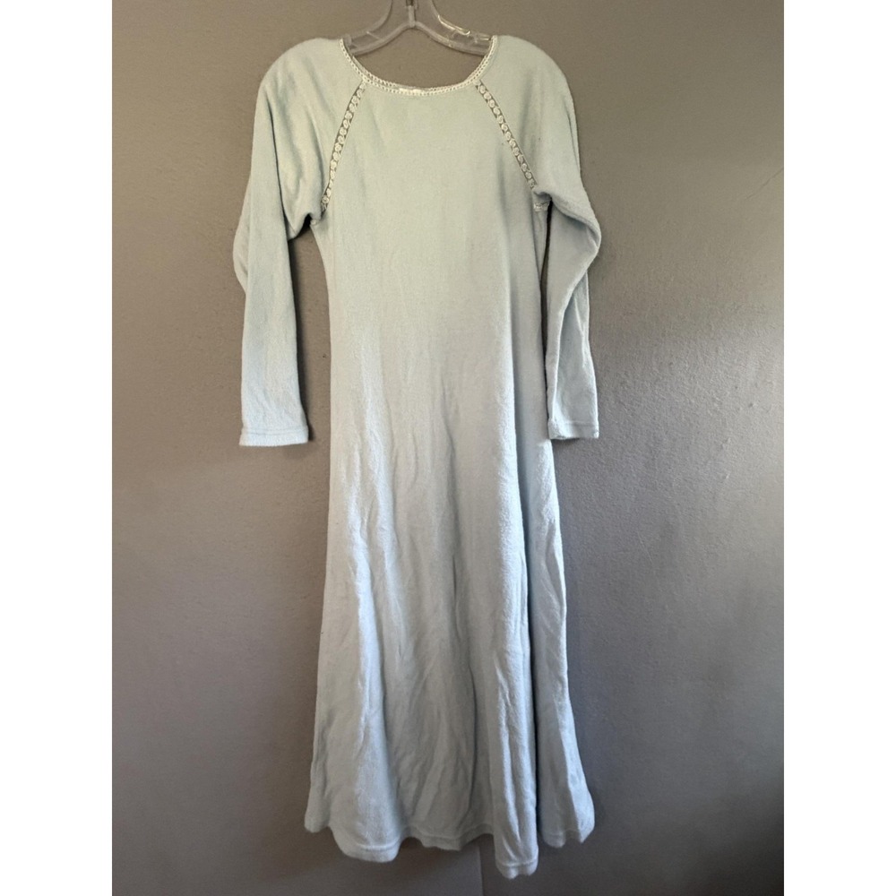 Soft Surroundings Gown Womens PXS Blue Fleece Crochet Trim Long Sleeve Chemise